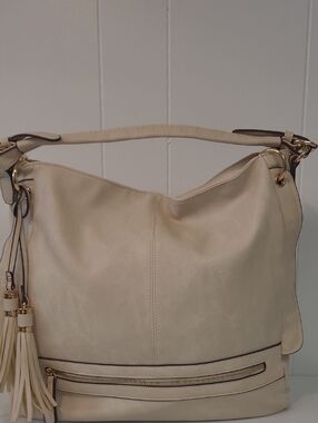 Urban Expressions Finley Hobo Bag W/ Tassles Sand Color Multi Zippered Pockets